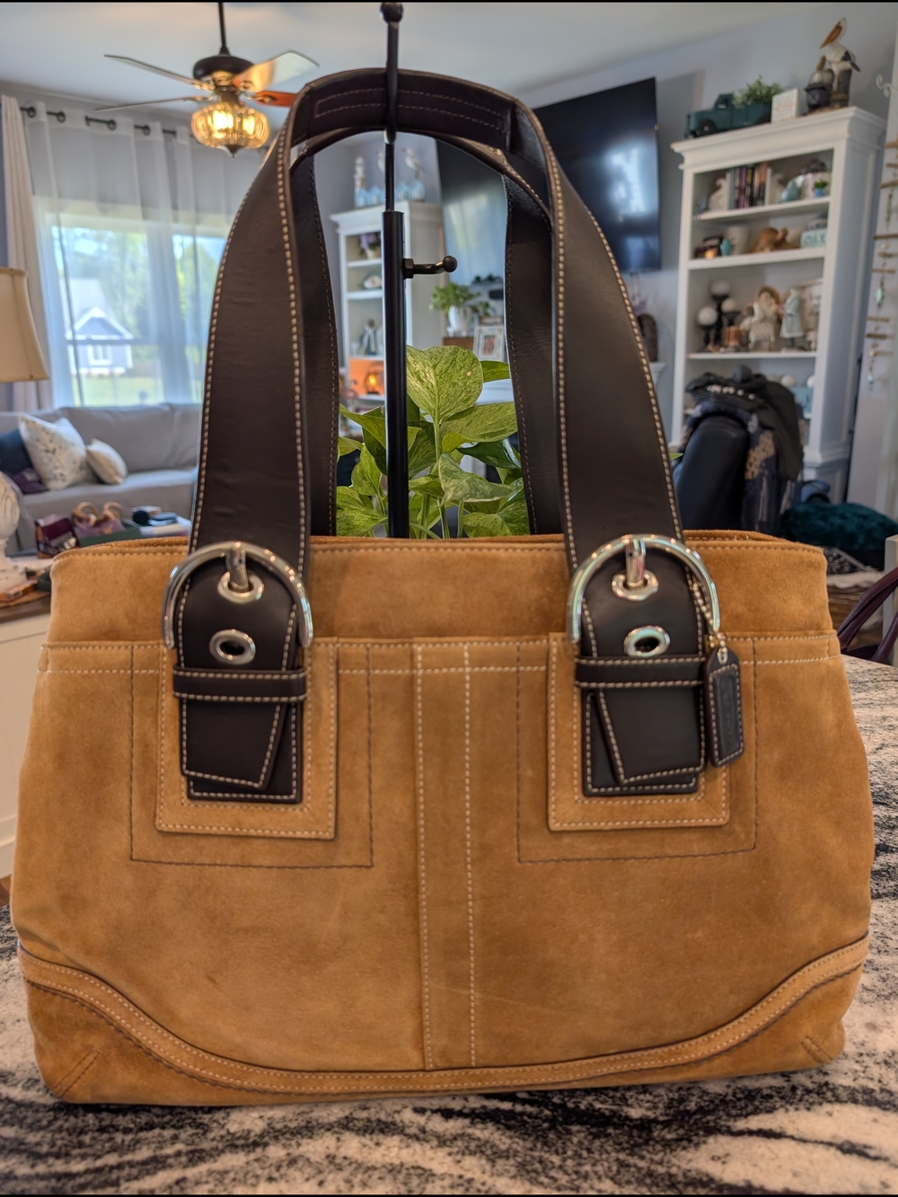 Coach Soho Tan Caramel Suede Tote with Dark Brown Leather Straps